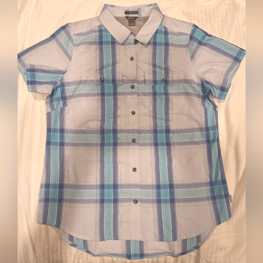 Eddie Bauer women's short sleeved blue and white plaid camp shirt - size medium